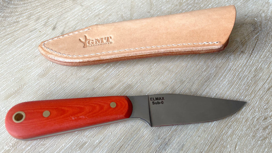 Cuchillo AS de diamantes GMT Garcimonte micarta naranja y Funda de Piel.