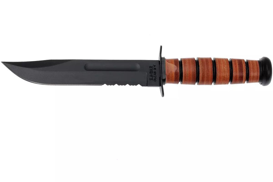 KA-BAR USMC 1218 parcialmente dentado con mango y funda de cuero