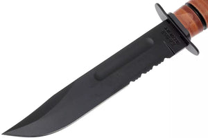 KA-BAR USMC 1218 parcialmente dentado con mango y funda de cuero