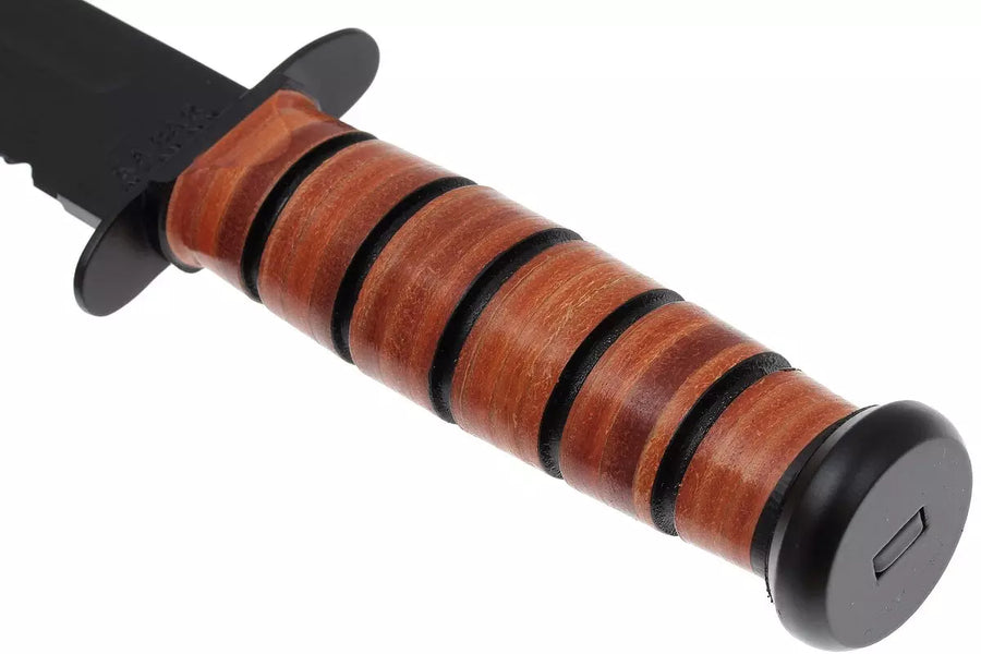 KA-BAR USMC 1218 parcialmente dentado con mango y funda de cuero